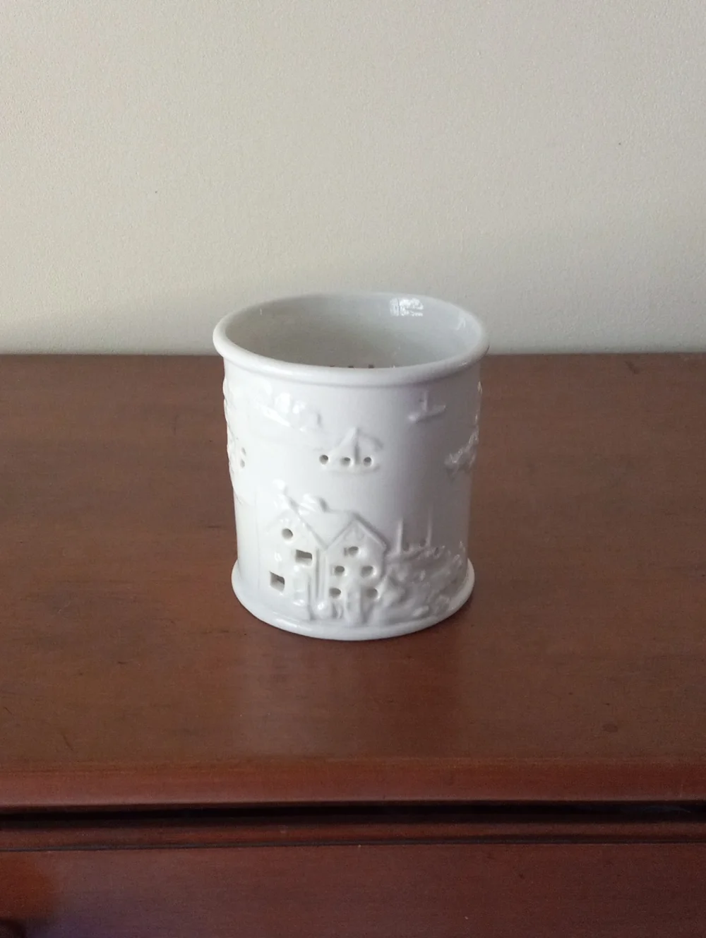 White Ceramic Luminary Holder with Pierced Harbor Motif